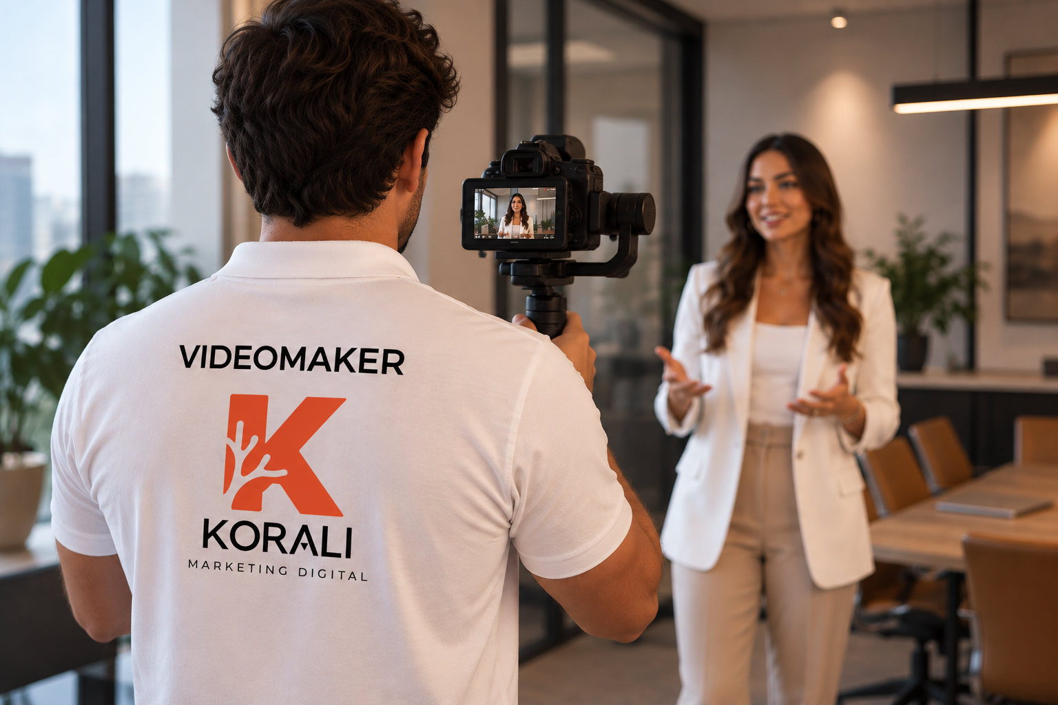 Videomaker da Korali filmando uma apresentadora em um escritório