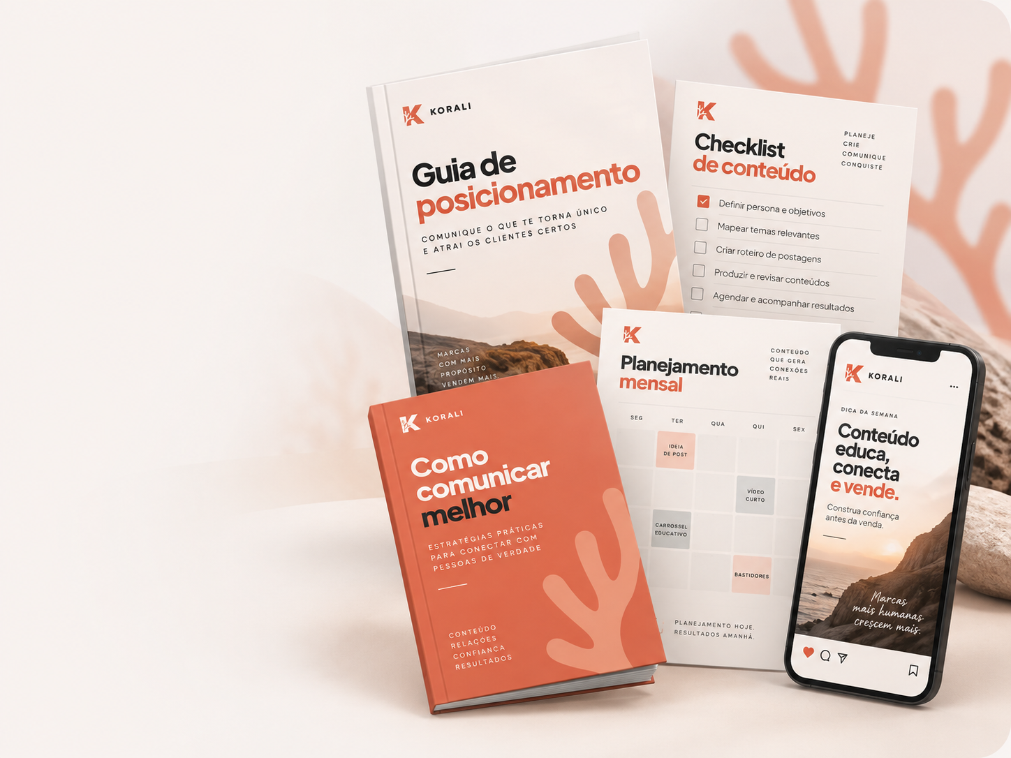 Materiais educativos da Korali com guia, checklist e planejamento de conteúdo